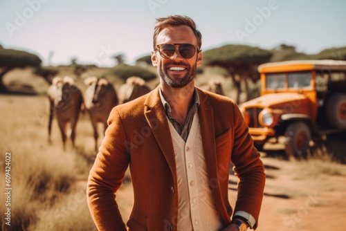 Medium shot portrait photography of a satisfied man in his 40s that is wearing a chic cardigan against an african safari with wild animals roaming background . Generative AI photo