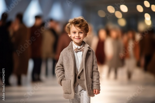 Medium shot portrait photography of a grinning child male that is wearing a chic cardigan against an elegant fashion show runway with models background . Generative AI photo