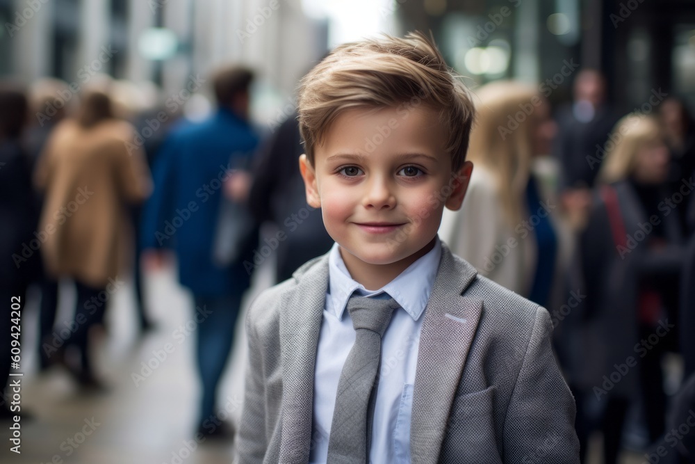 Portrait of a cute little boy in a business suit on the street Portrait of a cute little boy in a business suit on the street