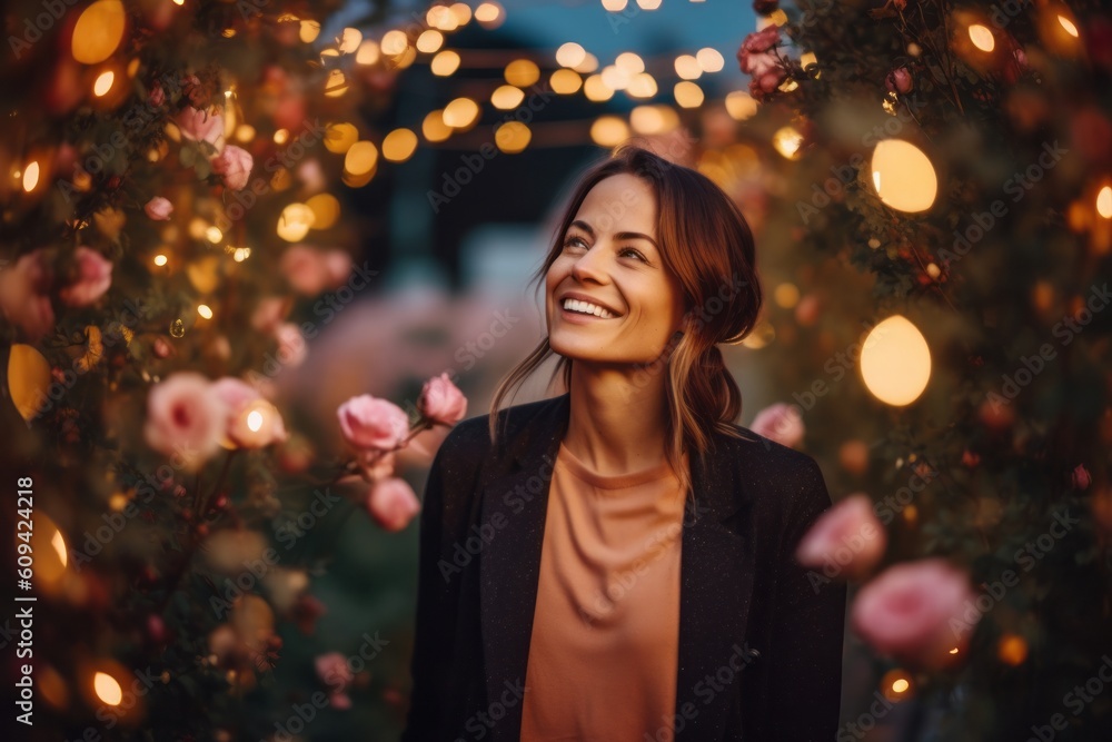 Portrait of a beautiful young brunette woman in a black coat on a background of flowers. Portrait of a beautiful young brunette woman in a black coat on a background of flowers.
