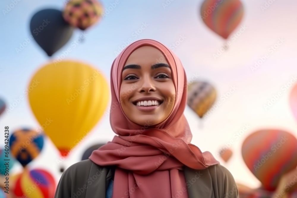 Φωτογραφία Medium shot portrait photography of a pleased woman in her 40s that is wearing hijab against a colorful balloon festival with hot air balloons in the sky background