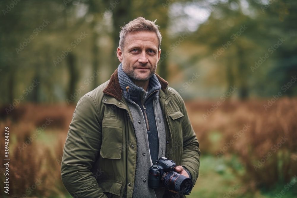 Medium shot portrait photography of a pleased man in his 40s that is wearing a chic cardigan against a wildlife documentary filming with a camera crew background . Generative AI Medium shot portrait photography of a pleased man in his 40s that is wearing a chic cardigan against a wildlife documentary filming with a camera crew background . Generative AI