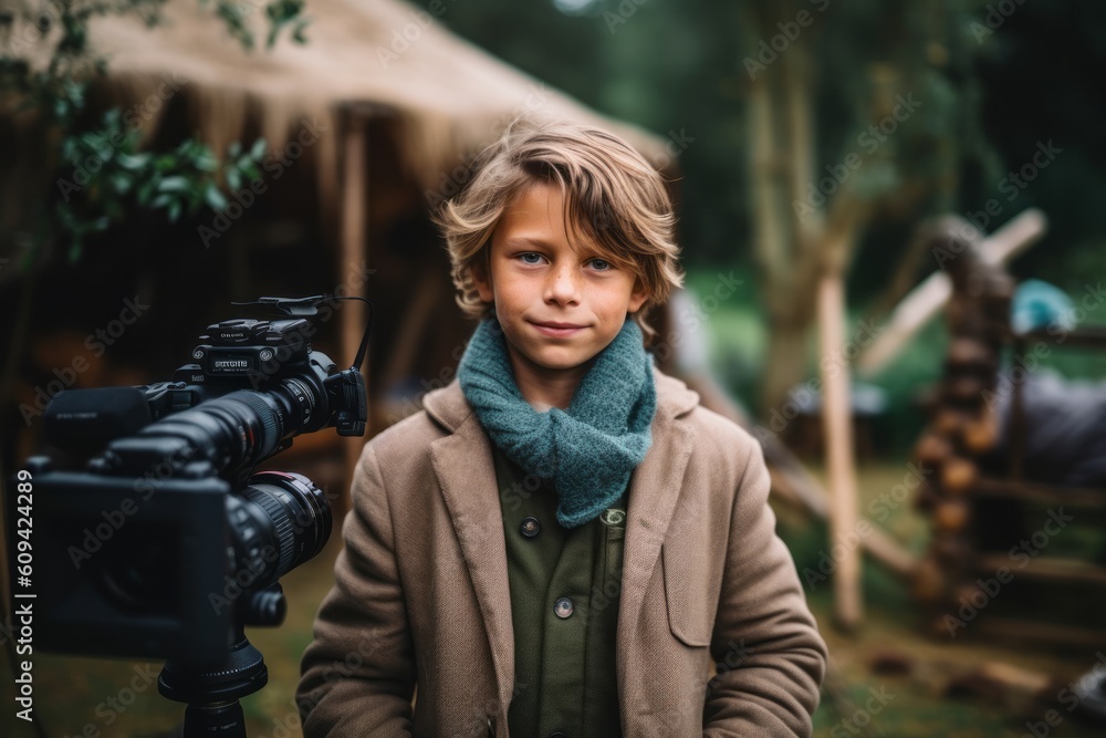 Boy with camera on tripod. Boy in a coat and scarf.