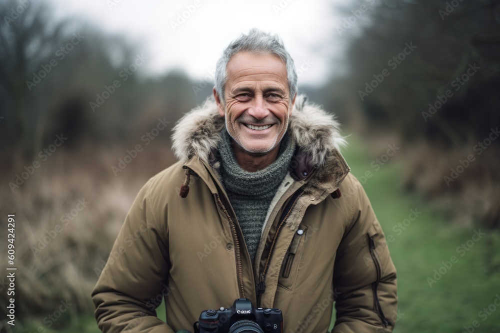 Fototapeta premium Medium shot portrait photography of a grinning man in his 50s that is wearing a chic cardigan against a wildlife documentary filming with a camera crew background . Generative AI