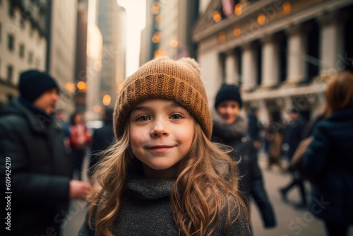Medium shot portrait photography of a satisfied child female that is wearing a cozy sweater against a bustling day at the stock exchange with traders background . Generative AI