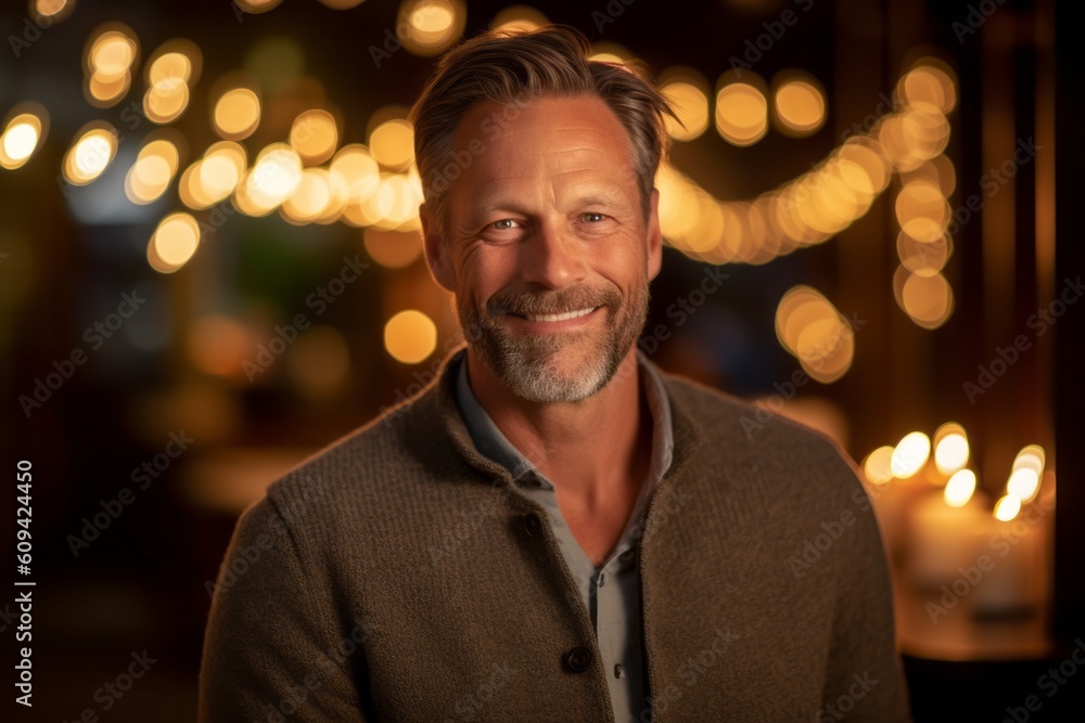 Obraz premium Portrait of a handsome middle-aged man smiling in a restaurant.