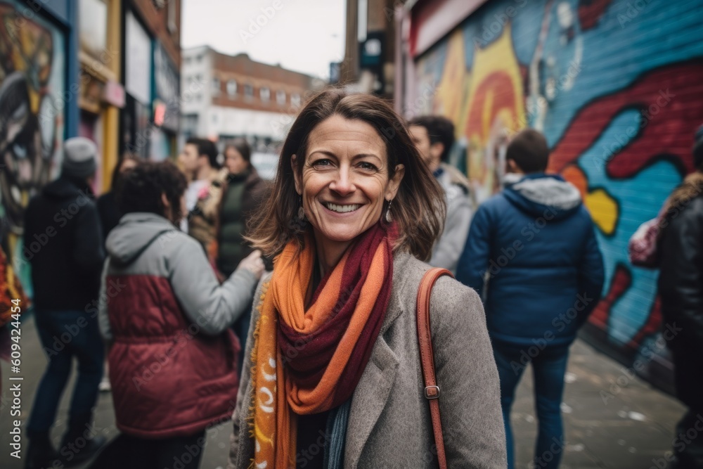 Medium shot portrait photography of a tender woman in her 40s that is wearing a chic cardigan against an urban street art mural with a crowd gathered background . Generative AI