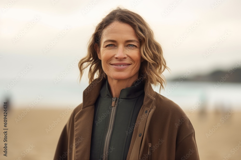 Portrait of smiling middle-aged woman in coat standing on beach Portrait of smiling middle-aged woman in coat standing on beach