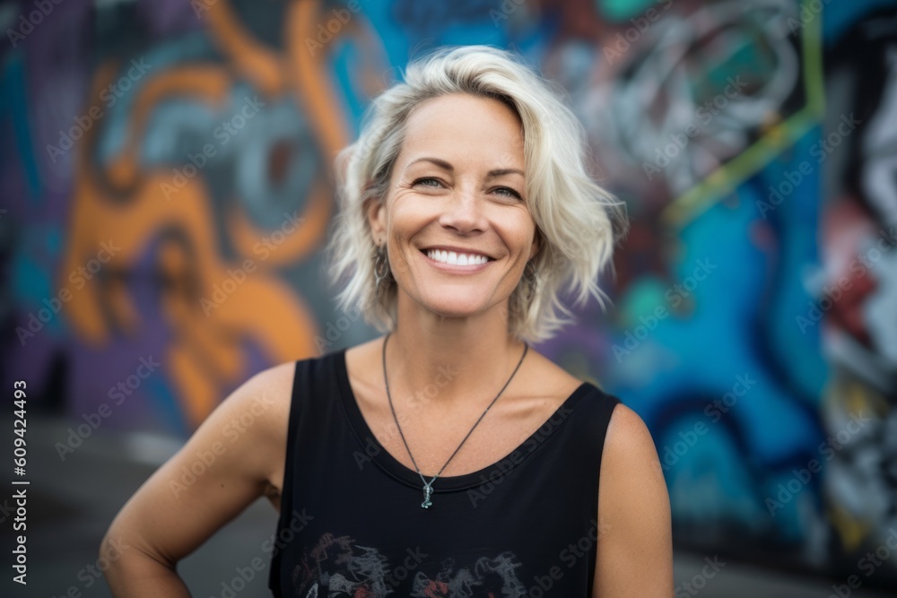 Portrait of smiling woman standing in front of graffiti wall in city Portrait of smiling woman standing in front of graffiti wall in city