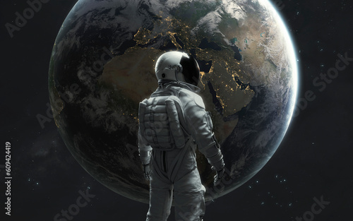 Fototapeta Naklejka Na Ścianę i Meble -  3D illustration of astronaut in front of Earth planet. 5K realistic science fiction art. Elements of image provided by Nasa