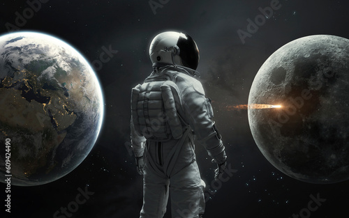 3D illustration of astronaut between Earth and Moon. Artemis space program. 5K realistic science fiction art. Elements of image provided by Nasa