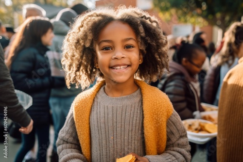 Medium shot portrait photography of a cheerful child female that is wearing a cozy sweater against a neighborhood block party with food and games background . Generative AI
