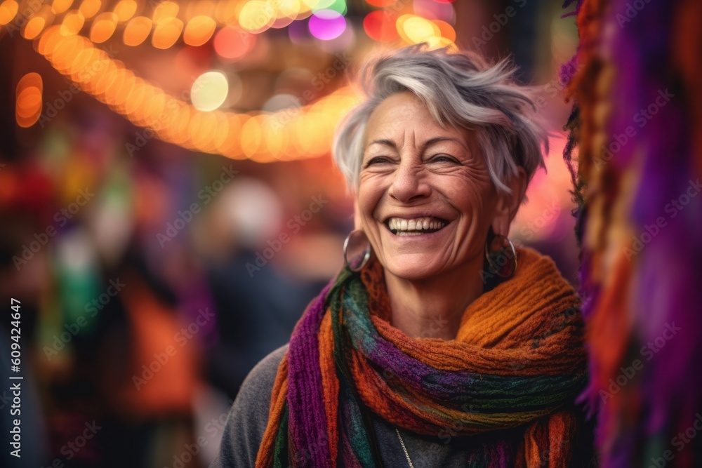 Portrait of happy senior woman with colorful scarf at christmas market