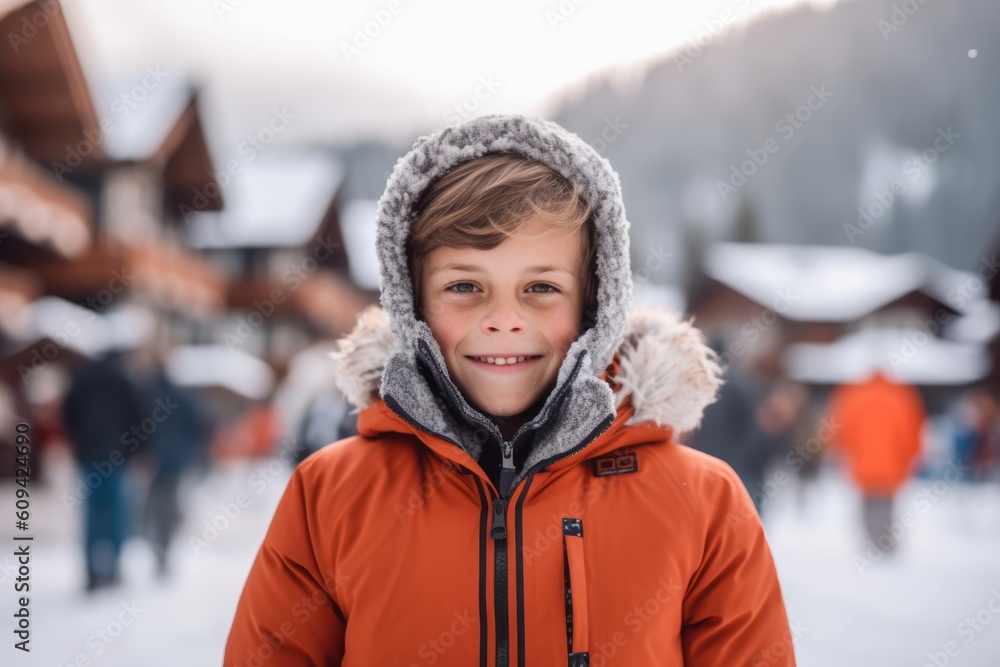 Portrait of a cute little boy in an orange jacket on the background of the winter village Portrait of a cute little boy in an orange jacket on the background of the winter village