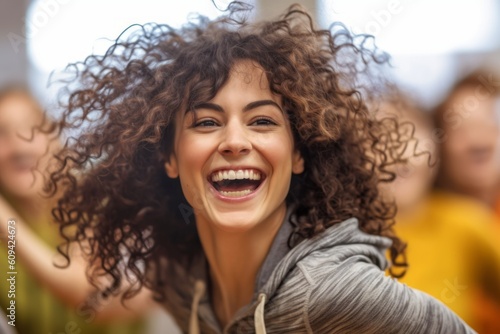 Close up portrait of a beautiful young woman with curly hair laughing.