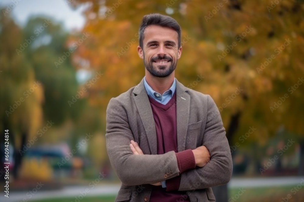 Portrait of a handsome young man in an autumn park. He is smiling and looking at the camera. Portrait of a handsome young man in an autumn park. He is smiling and looking at the camera.