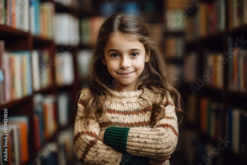 Portrait of a cute little girl in a library. Selective focus.