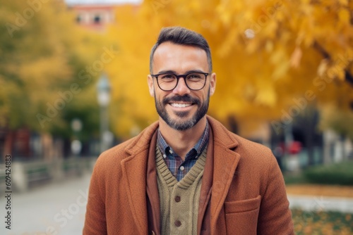 Portrait of handsome bearded man wearing coat and eyeglasses standing in the autumn street.
