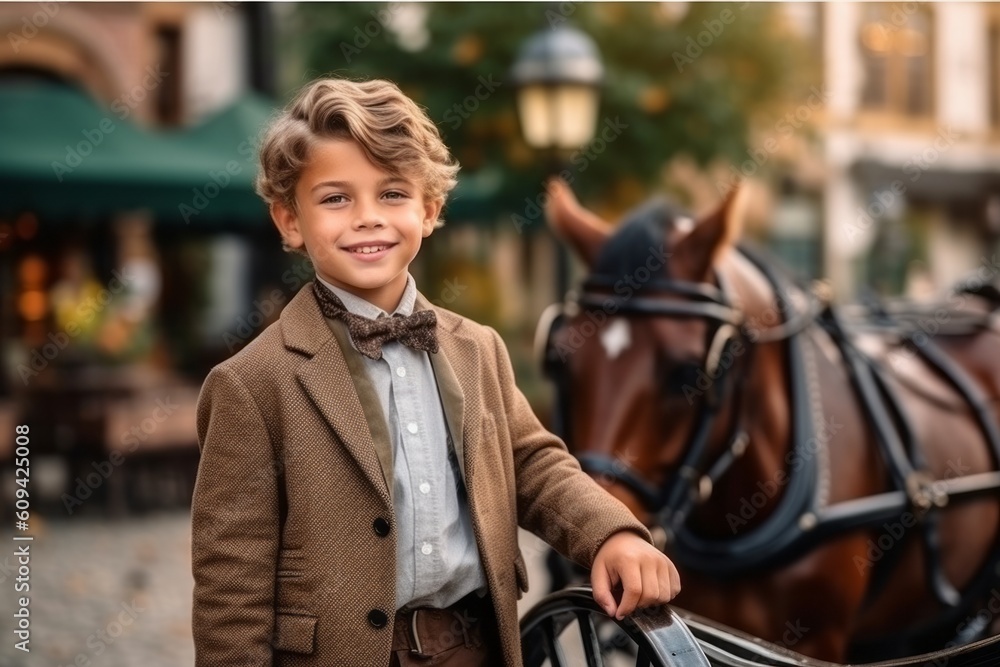 Portrait of a smiling boy with a horse drawn carriage in the city