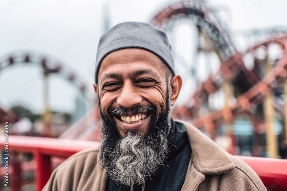 Portrait of a smiling bearded Indian man in a beige coat and black hat on a red ferris wheel background Portrait of a smiling bearded Indian man in a beige coat and black hat on a red ferris wheel background