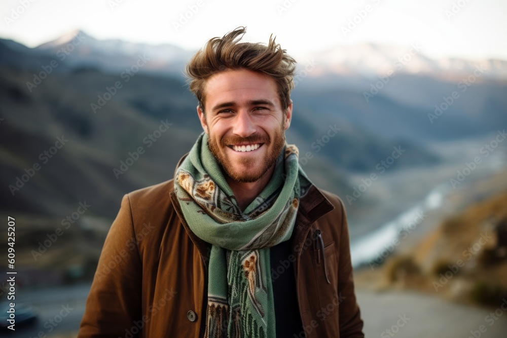 Portrait of a handsome young man smiling at camera in the mountains