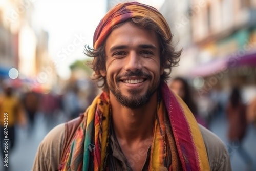 Portrait of a handsome young man with colorful scarf in the city