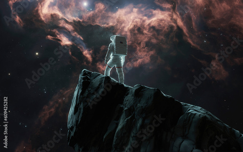 Fototapeta Naklejka Na Ścianę i Meble -  Astronaut looks into space from a high cliff on an unknown planet. 5K realistic science fiction art. Elements of image provided by Nasa