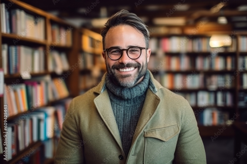 Portrait of smiling man in eyeglasses against bookshelves in library Portrait of smiling man in eyeglasses against bookshelves in library