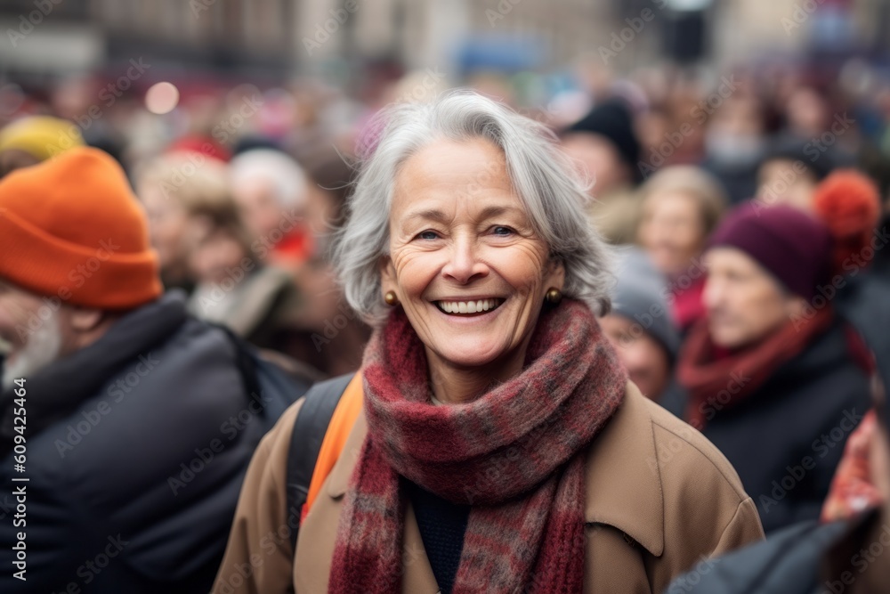 Medium shot portrait photography of a satisfied woman in her 50s that is wearing a chic cardigan against a lively political rally with passionate supporters background . Generative AI Medium shot portrait photography of a satisfied woman in her 50s that is wearing a chic cardigan against a lively political rally with passionate supporters background . Generative AI