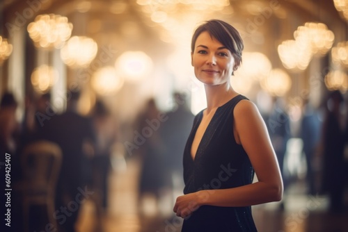 Portrait of a beautiful young woman in a black dress in a restaurant.