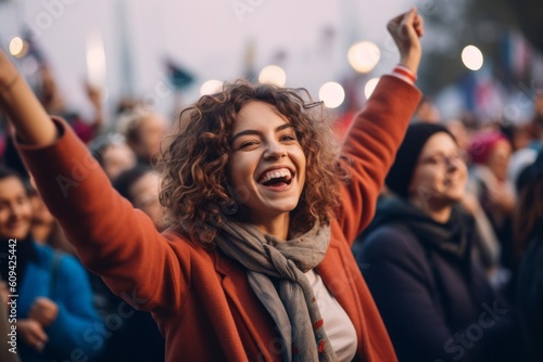 Medium shot portrait photography of a pleased woman in her 30s that is wearing a chic cardigan against a lively political rally with passionate supporters background . Generative AI