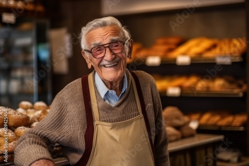 Medium shot portrait photography of a satisfied 100-year-old elderly man that is wearing a chic cardigan against a busy bakery with freshly baked goods and bakers at work background . Generative AI photo