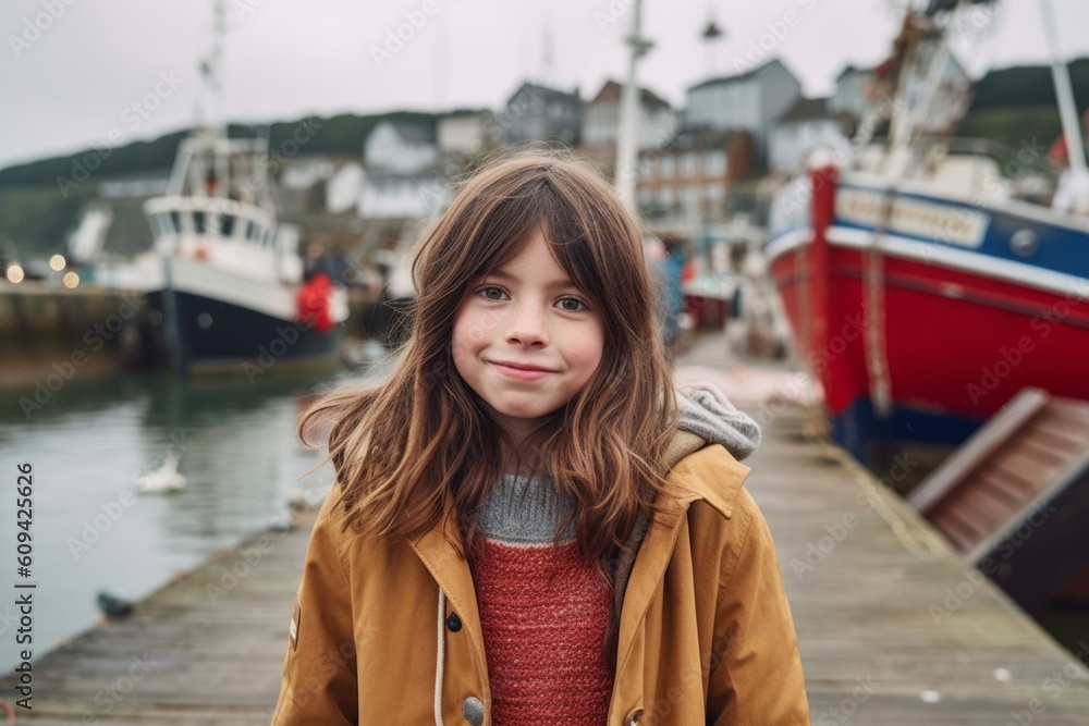 Portrait of a little girl in a yellow coat on the pier against the background of the fishing boats