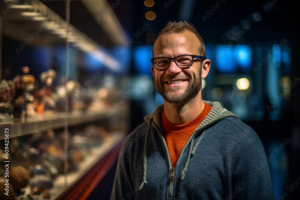 Medium shot portrait photography of a cheerful man in his 40s that is wearing a cozy sweater against an interactive science museum with hands-on exhibits background . Generative AI Medium shot portrait photography of a cheerful man in his 40s that is wearing a cozy sweater against an interactive science museum with hands-on exhibits background . Generative AI