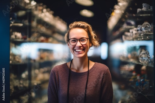 Portrait of smiling woman looking at glass showcase in shopping mall.
