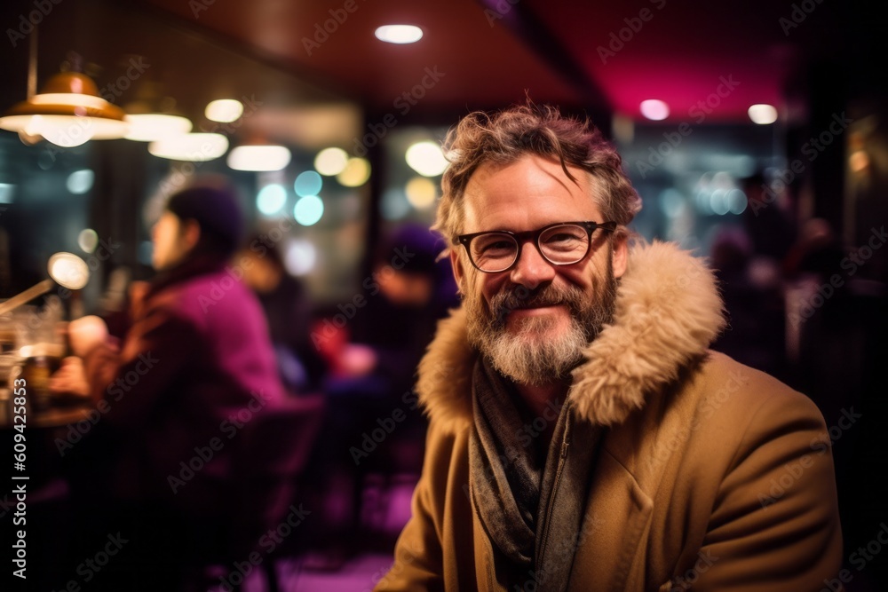 Portrait of a handsome mature man with glasses in a pub.