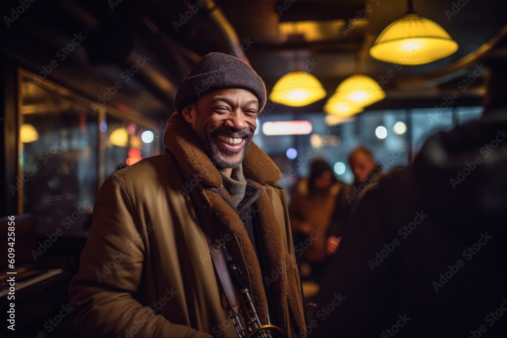 Portrait of a laughing african american man in a coat and hat walking in a city at night