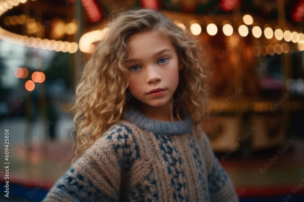 Portrait of a beautiful little girl with blond curly hair in a blue sweater on the background of an amusement park. Portrait of a beautiful little girl with blond curly hair in a blue sweater on the background of an amusement park.
