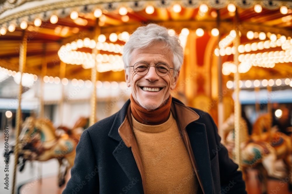 Portrait of senior man smiling at camera on carousel in amusement park