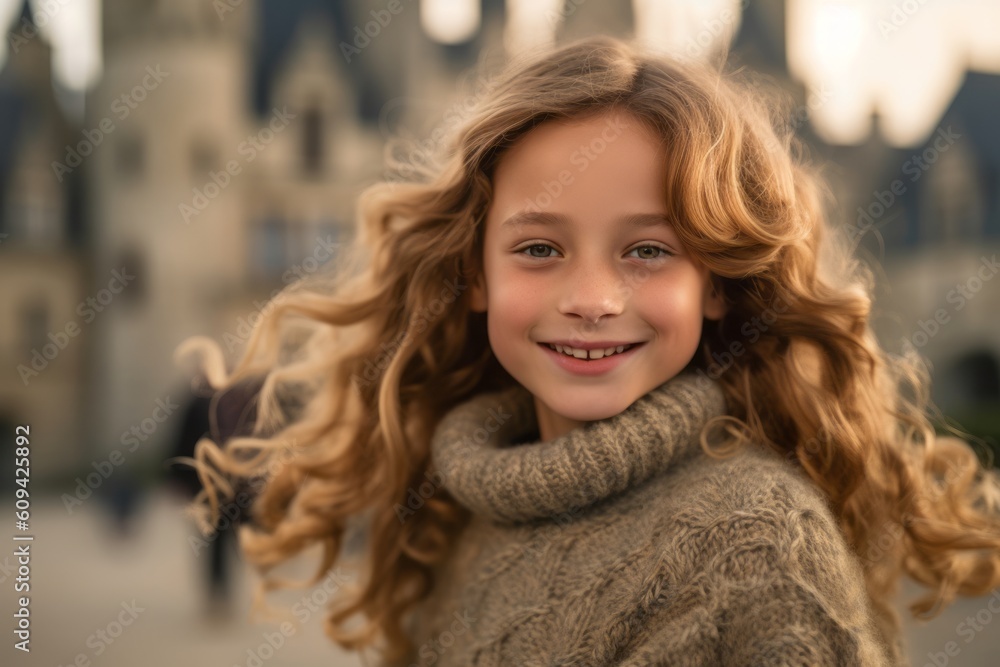 portrait of smiling little girl with long curly hair in the city portrait of smiling little girl with long curly hair in the city