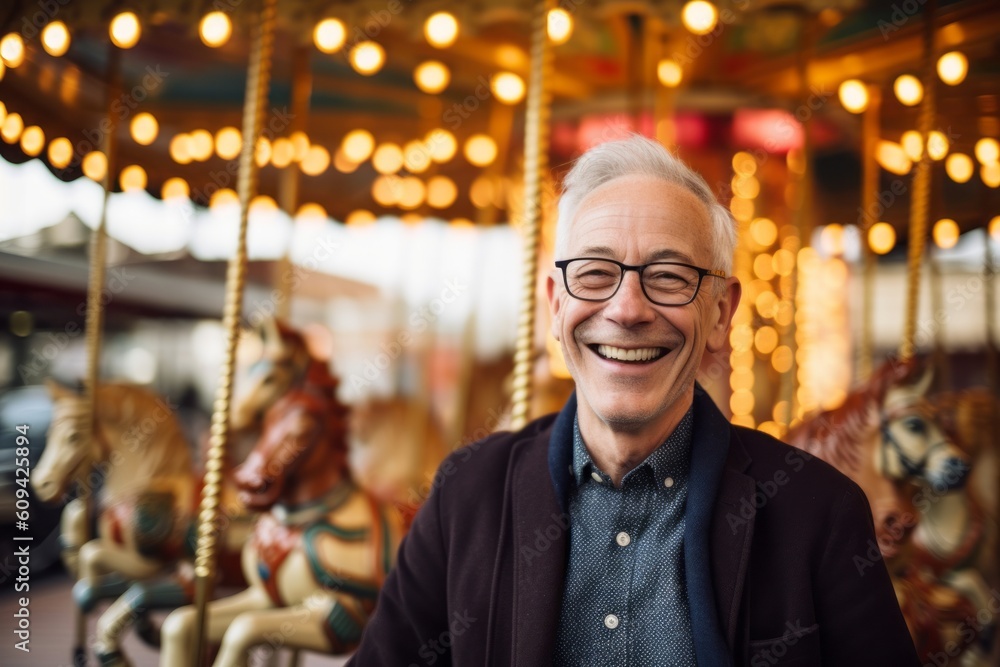 Medium shot portrait photography of a cheerful man in his 60s that is wearing a chic cardigan against an old-fashioned carousel in motion at a city square background . Generative AI Medium shot portrait photography of a cheerful man in his 60s that is wearing a chic cardigan against an old-fashioned carousel in motion at a city square background . Generative AI