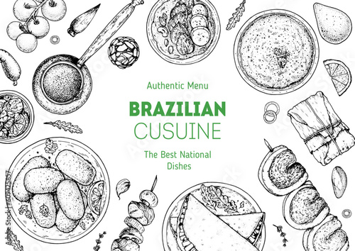 Brazilian food top view vector illustration. Food menu design template. Hand drawn sketch. Brazilian food menu. Vintage style. Brazilian kibe, Tapioca pancake, Farofa, Pamonha, Guarana, Coxinha