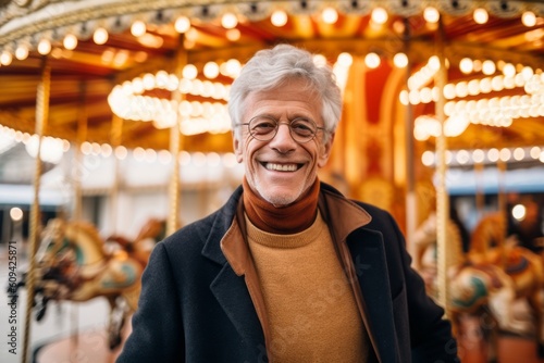 Portrait of senior man smiling at camera on carousel in amusement park © Anne-Marie Albrecht