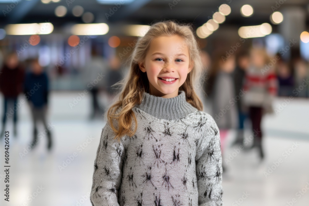 Adorable little girl skating on a skating rink at Christmas time.