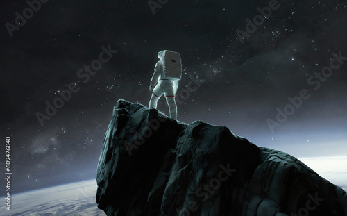 Astronaut conquers an unknown planet, stands on a high mountain. Colony. 5K realistic science fiction art. Elements of image provided by Nasa