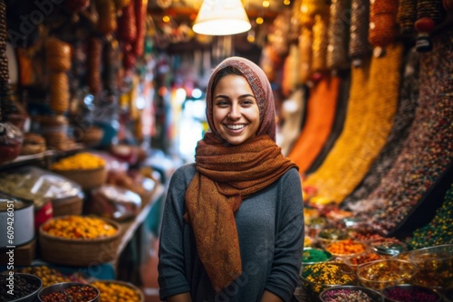 Portrait of a young muslim woman selling spices at the bazaar