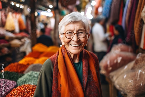 Portrait of smiling senior woman with eyeglasses in local market