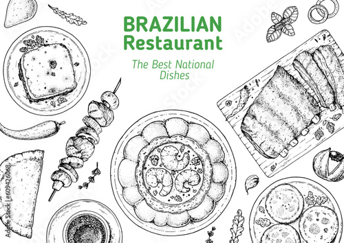 Brazilian food top view vector illustration. Food menu design template. Hand drawn sketch. Brazilian food menu. Vintage style. Escondidinho, pastel, camarao na moranga, empadinha, Brazil bbq rib