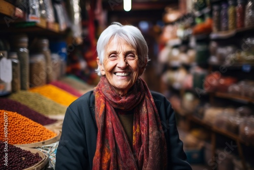 Medium shot portrait photography of a grinning woman in her 70s that is wearing a classic blazer against a bustling trader's market with colorful fabrics and spices background . Generative AI