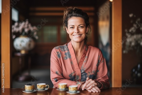 Portrait of smiling woman sitting at table with cup of coffee in cafe